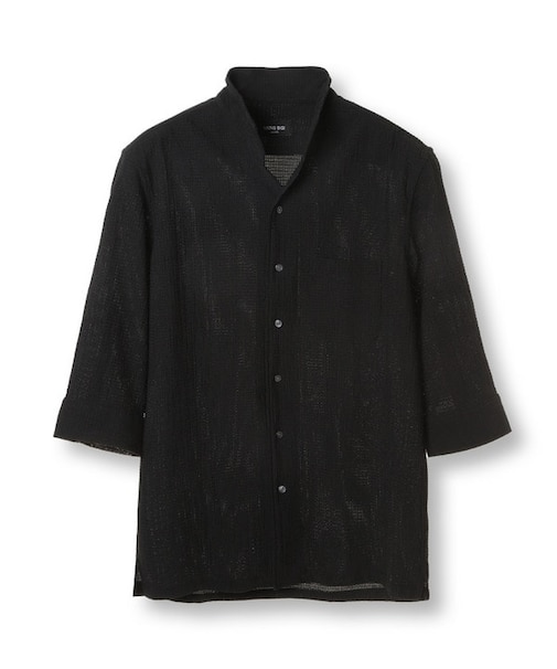 カラミ織風サッカー七分袖スタンドカラーシャツ<ストレッチ/通気性>