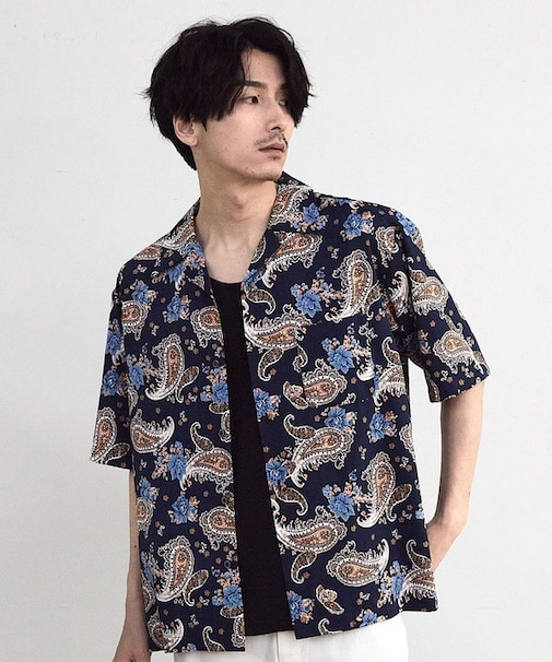 ペイズリープリンオープンカラー半袖シャツ