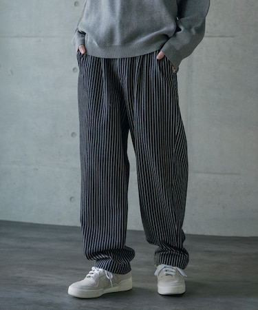 ストレッチヒッコリーワンタックワイドテーパードパンツ