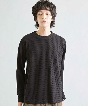 異素材コンビ ワッフルジャガードTee