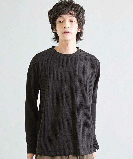 異素材コンビ ワッフルジャガードTee