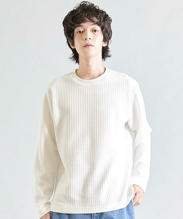 異素材コンビ ワッフルジャガードTee