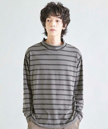 フェードジャガードボーダー モックネックTシャツ