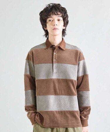 カットベロア×フェイクスエードボーダー ラグビーシャツ