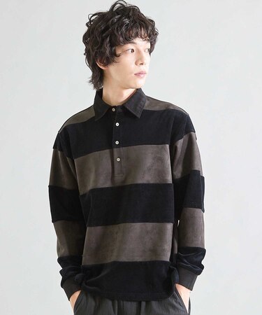 カットベロア×フェイクスエードボーダー ラグビーシャツ