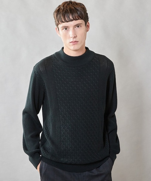 【ウォッシャブル素材】モックネックハイゲージ ウール混ニット