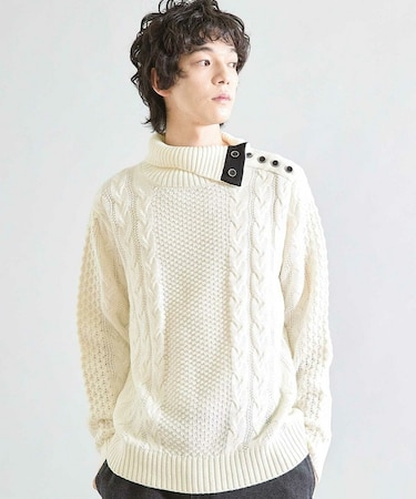 【ウォッシャブル素材】ドクターネックケーブルニット