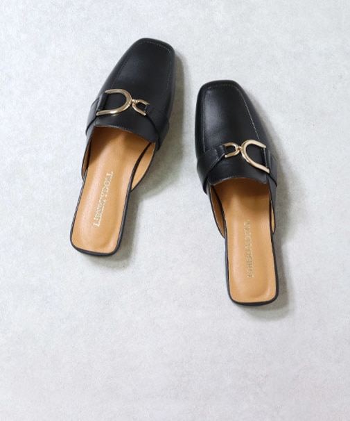 スクエアアシメビットローファーミュールサンダル【2cmヒール】(3031)