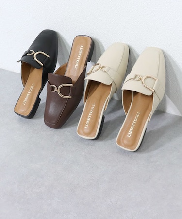 スクエアアシメビットローファーミュールサンダル【2cmヒール】(3031)