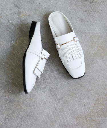 スクエアメタリックフリンジローファーミュールサンダル【1.5cmヒール】(3032)