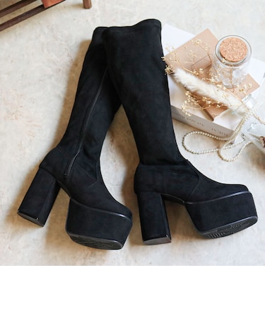 ロングブーツ レディース プラットフォームソール 厚底 美脚 ストレッチ素材 10.5cmヒール (1585)