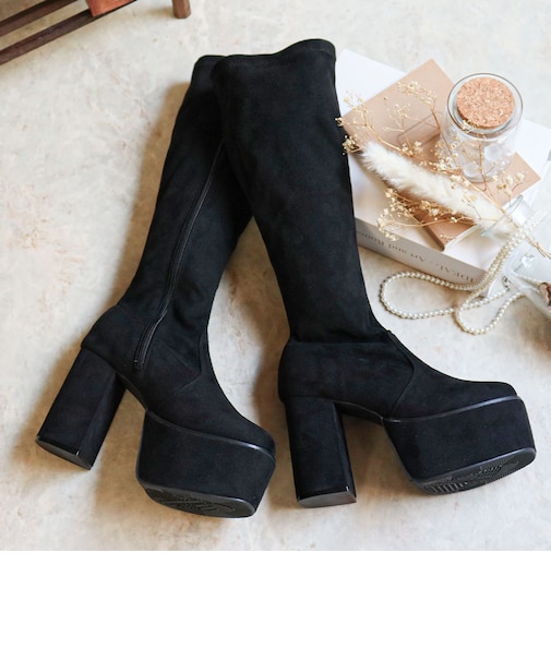ロングブーツ レディース プラットフォームソール 厚底 美脚 ストレッチ素材 10.5cmヒール (1585)