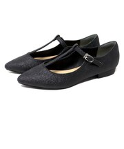 パンプス ローヒール ストラップ ポインテッドトゥ 脱げない Tストラップ 合成皮革 エナメル グリッター ラメ ブラック シルバー ゴールド (1198)