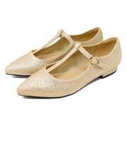 パンプス ローヒール ストラップ ポインテッドトゥ 脱げない Tストラップ 合成皮革 エナメル グリッター ラメ ブラック シルバー ゴールド (1198)