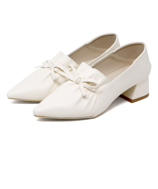 ギャザーデザイン ポインテッドトゥ リボンパンプス (1025)
