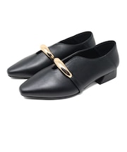 パンプス ローヒール かかとが踏める 2way バブーシュ 3cmヒール レディース メタルモチーフ ストラップ 履きやすい Uカット 黒 ブラック 茶 ダークブラウン アイボリー (1055)