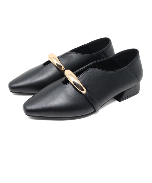 パンプス ローヒール かかとが踏める 2way バブーシュ 3cmヒール レディース メタルモチーフ ストラップ 履きやすい Uカット 黒 ブラック 茶 ダークブラウン アイボリー (1055)
