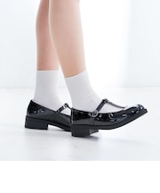 パンプス ローヒール Tストラップ 脱げない ラウンドトゥ レディース 合成皮革 レザー エナメル メリージェーン 3.5cmヒール 黒 ブラック 茶ブラウン (3578)