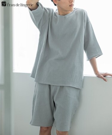 コットン100%のWガーゼ シンプルな楽ちんなプルオーバー 「ふわリラガーゼ かぶり上下セット」 かぶり上下セット