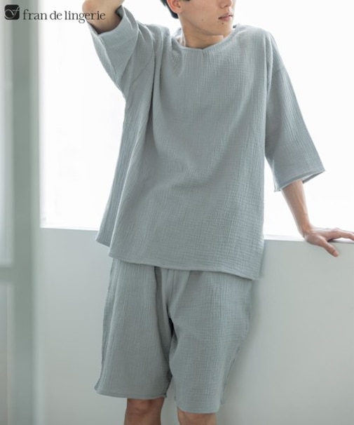 コットン100%のWガーゼ シンプルな楽ちんなプルオーバー 「ふわリラガーゼ かぶり上下セット」 かぶり上下セット