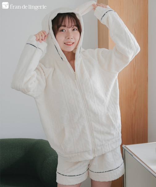 ふんわり軽くて暖かいmemory fleece (メモリーフリース)アニマル耳付がキュートなフーディー上下セット 「メモリーフリース 全開上下セット」 全開上下セット