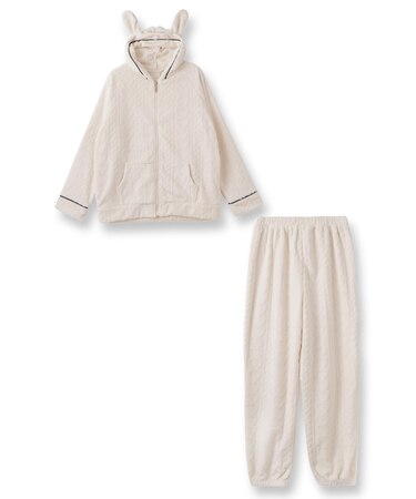 ふんわり軽くて暖かいmemory fleece (メモリーフリース)ユニセックスで着れるオーバーサイズのアニマル耳付フーディー上下セット 「メモリーフリース 全開上下セット」 全開上下セット