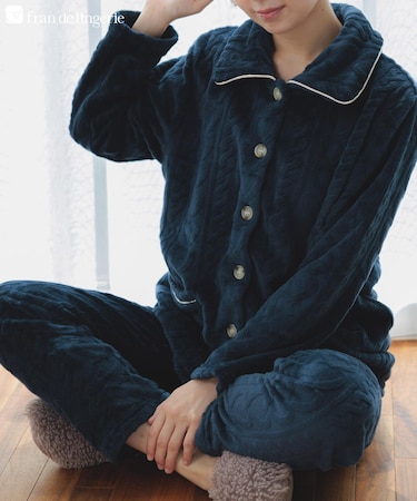 もこもこ パジャマ 冬 ルームウェア レディース あったか モコモコ 前開き 着る毛布「メモリーフリース」全開上下セット