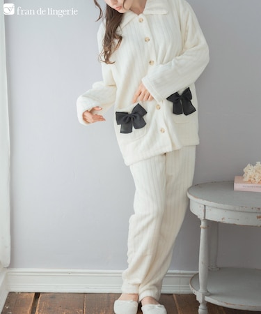 もこもこ パジャマ ルームウェア レディース 冬 あったか モコモコ リボン 着る毛布「メモリーフリース」