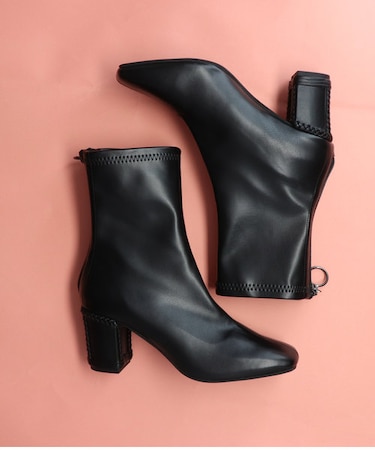 【Bridget Birkin】編み込みヒールストレッチショートブーツ