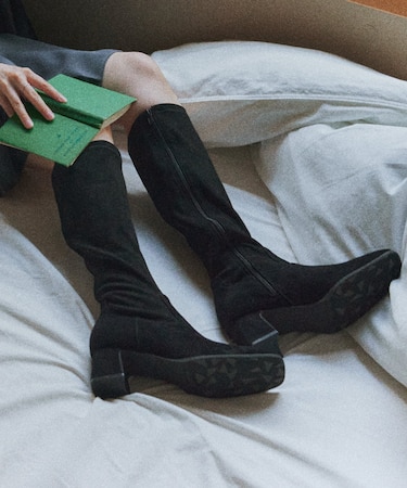 【PARADIS COULEUR】スクエアトウ撥水ストレッチロングブーツ