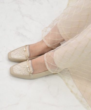 【Bridget Birkin】レース生地コンビパールビットローファー