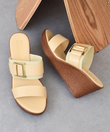 【ITALIAN SHOEMAKERS】スクエアメタルウェッジヒールミュール
