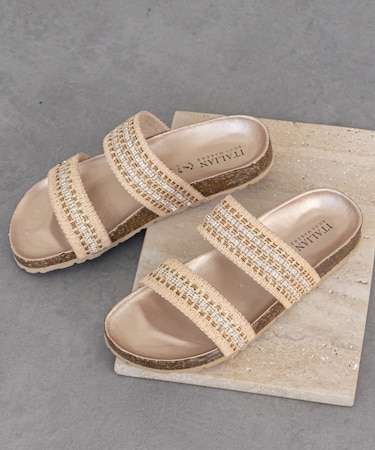 【ITALIAN SHOEMAKERS】ラインストーンダブルベルトフラットサンダル