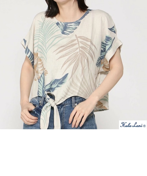 ﾚｰﾖﾝ麻 総柄裾ﾘﾎﾞﾝｸﾙｰ