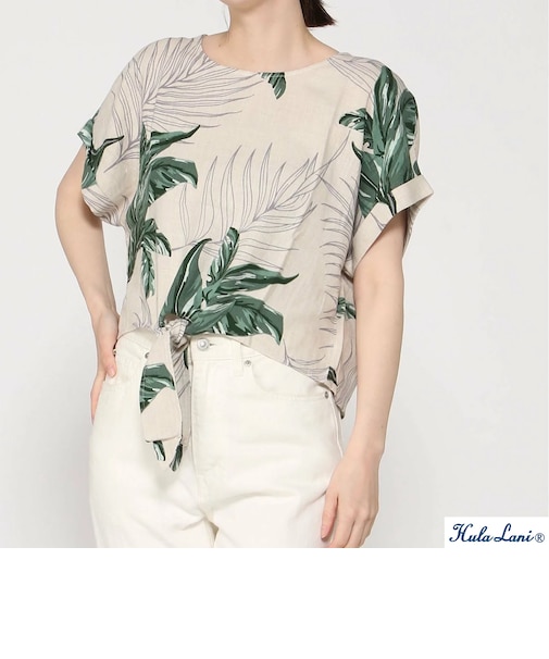 ﾚｰﾖﾝ麻 総柄裾ﾘﾎﾞﾝｸﾙｰ