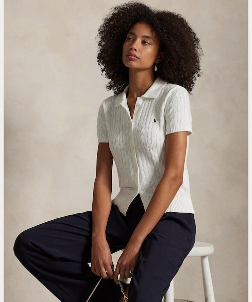 ケーブル コットン ショートスリーブ Polo カーディガン