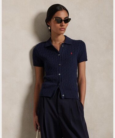 ケーブル コットン ショートスリーブ Polo カーディガン