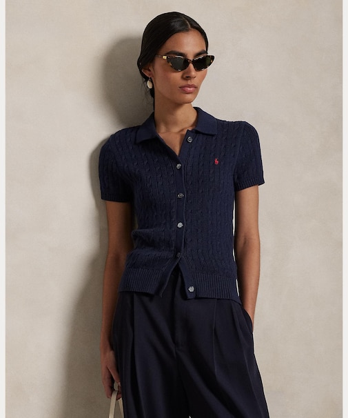 ケーブル コットン ショートスリーブ Polo カーディガン