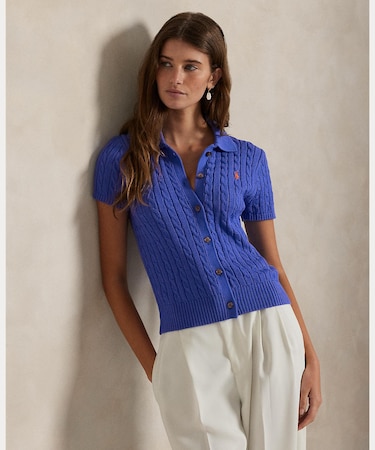 ケーブル コットン ショートスリーブ Polo カーディガン