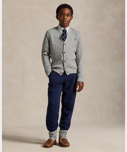 ボーイズ 8才～20才)ケーブルニット コットン Vネック カーディガン