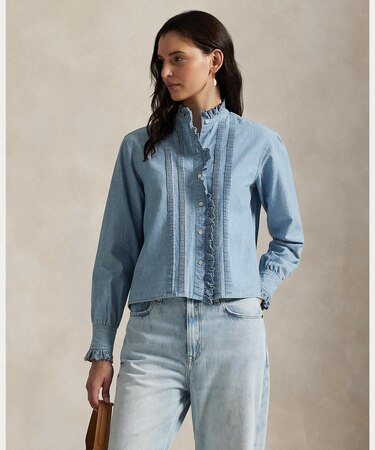 フリルトリム シャンブレー トップス