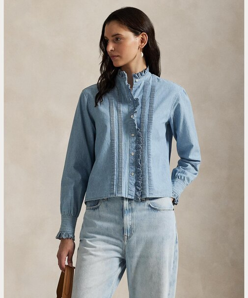 フリルトリム シャンブレー トップス