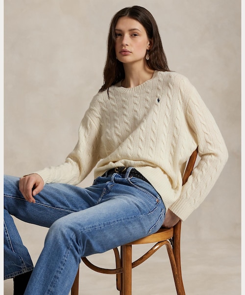 ラルフローレン　ケーブルニット　セーター　長袖　クルーネック　刺繍　カシミヤ混 POLO RALPH LAUREN ポロラルフローレン ケーブルニット セーター
