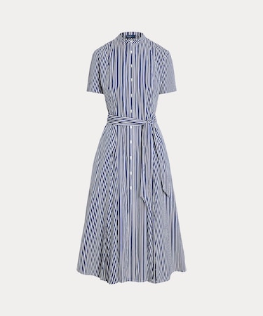 コットン ストライプド Aライン シャツドレス