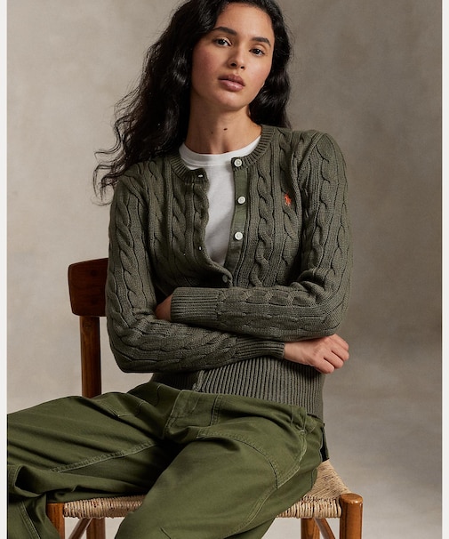 ケーブルニット コットン クルーネック カーディガン