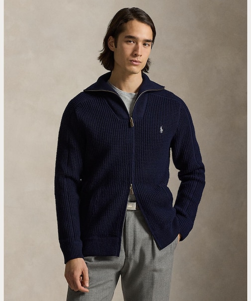 ワッフルニット ウールコットン フルジップ セーター