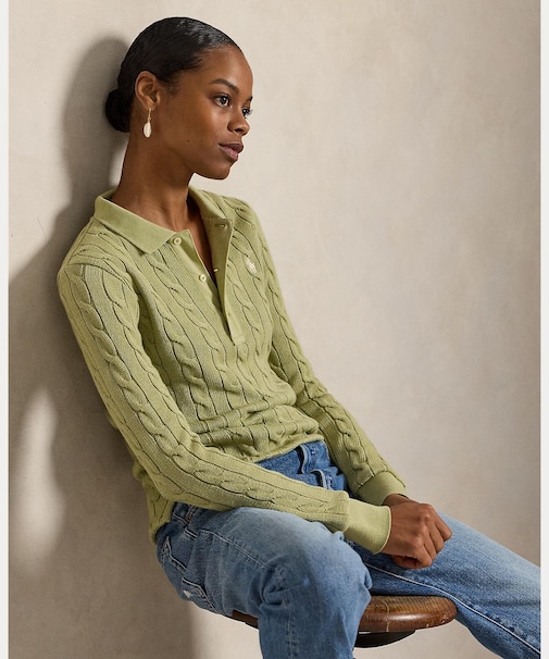 ケーブルニット コットン ロングスリーブ ポロシャツ