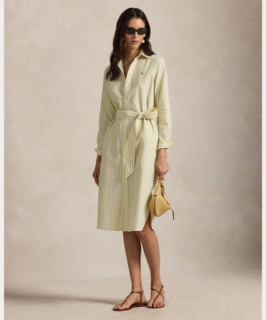 ストライプド コットン オックスフォード ベルテッド シャツドレス