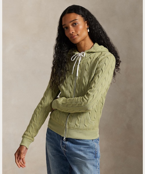 ケーブルニット コットン フルジップ フーディ