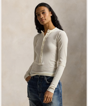 リブ コットン ヘンリーネック シャツ